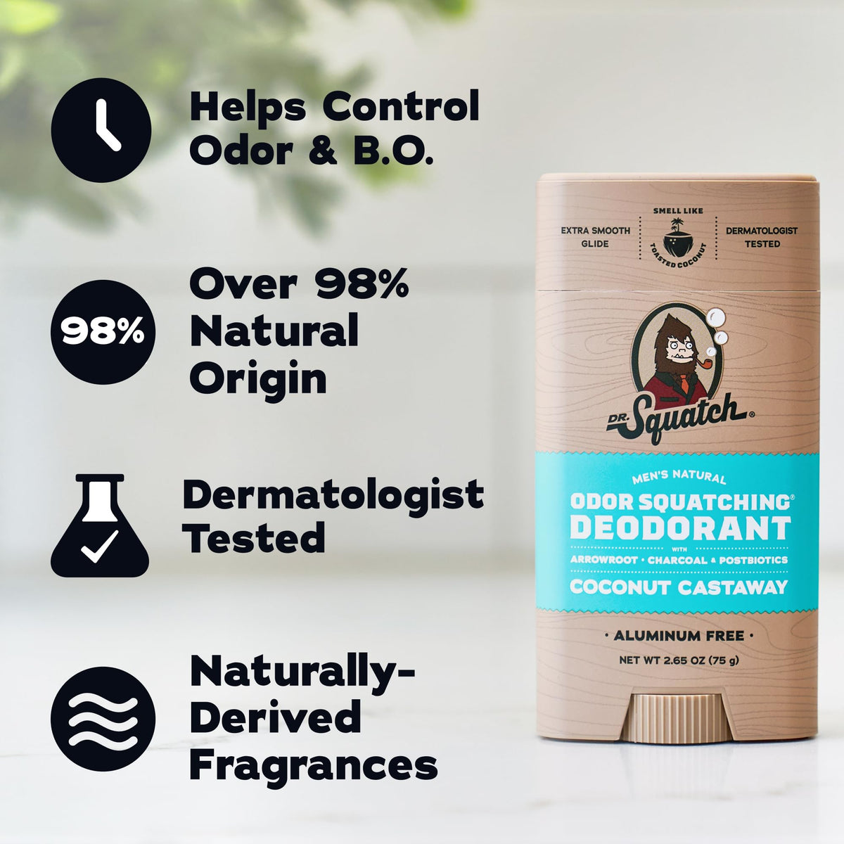 Dr. Squatch Coconut Castaway scent jar next to coconut for tropical scent preview