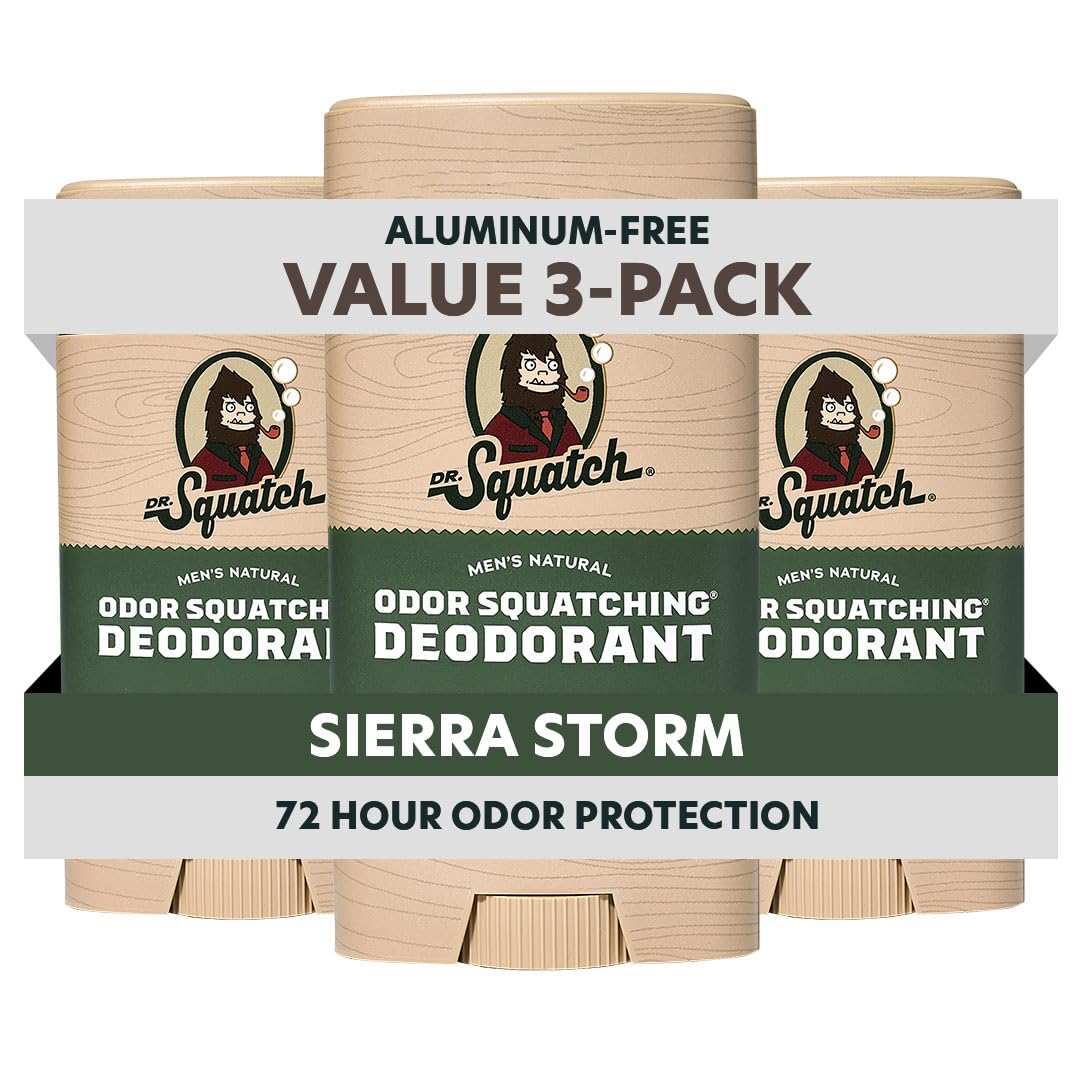 Dr. Squatch front packaging showing three-stick pack and natural branding benefit