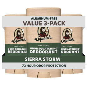 Dr. Squatch front packaging showing three-stick pack and natural branding benefit