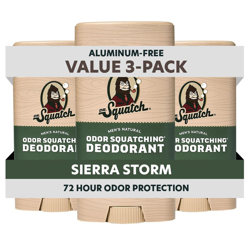 Dr. Squatch front packaging showing three-stick pack and natural branding benefit