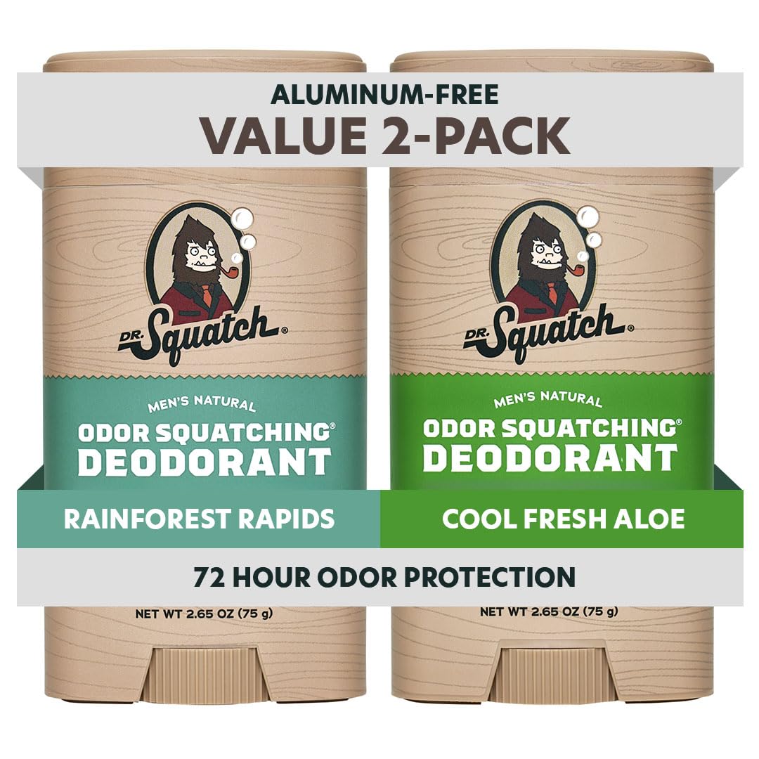 Dr. Squatch front packaging showing two-stick deodorant set and natural benefits