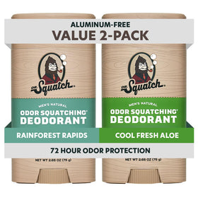 Dr. Squatch front packaging showing two-stick deodorant set and natural benefits
