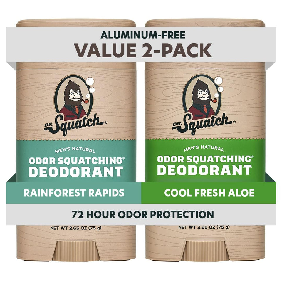 Dr. Squatch front packaging showing two-stick deodorant set and natural benefits