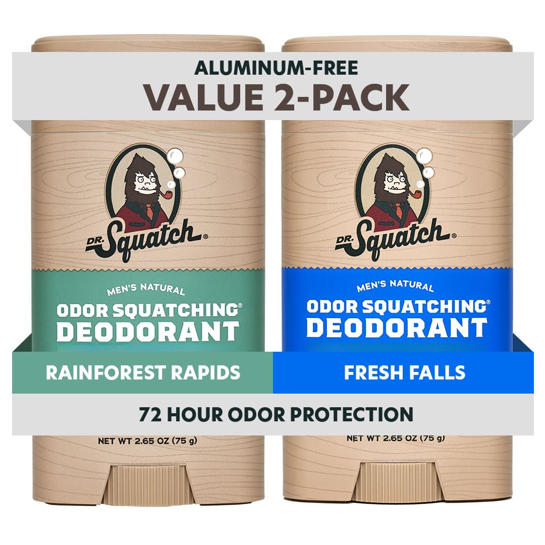 Dr. Squatch front packaging of two-stick deodorant showing scents and benefits