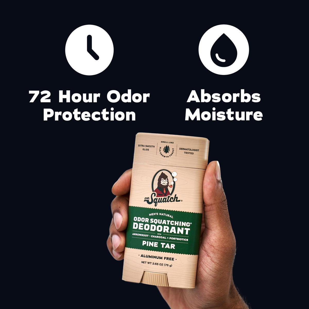 Dr. Squatch deodorant held in hand showing compact size and travel convenience