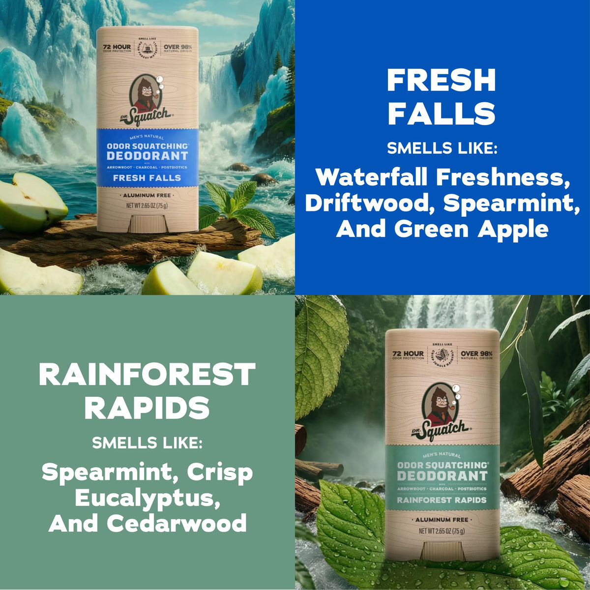 Dr. Squatch activated charcoal and arrowroot ingredients showing odor control benefit