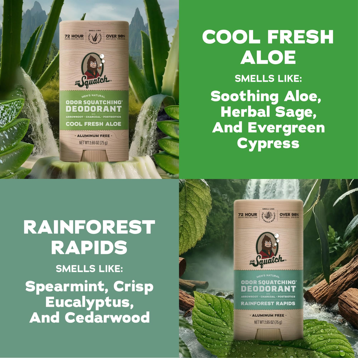 Dr. Squatch two sticks side by side showing Rainforest Rapids and Cool Fresh Aloe contrast