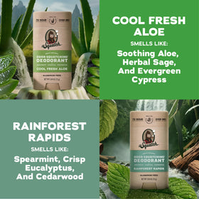 Dr. Squatch two sticks side by side showing Rainforest Rapids and Cool Fresh Aloe contrast