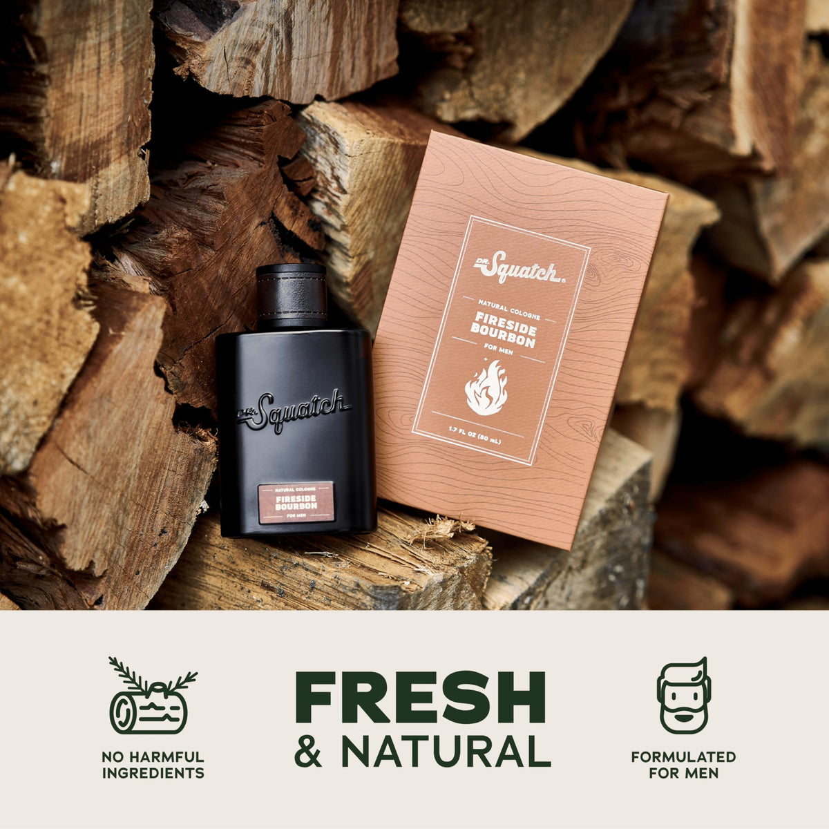 Dr. Squatch Fireside Bourbon bottle placed beside soap illustrating complementary grooming pairing