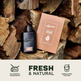 Dr. Squatch Fireside Bourbon bottle placed beside soap illustrating complementary grooming pairing