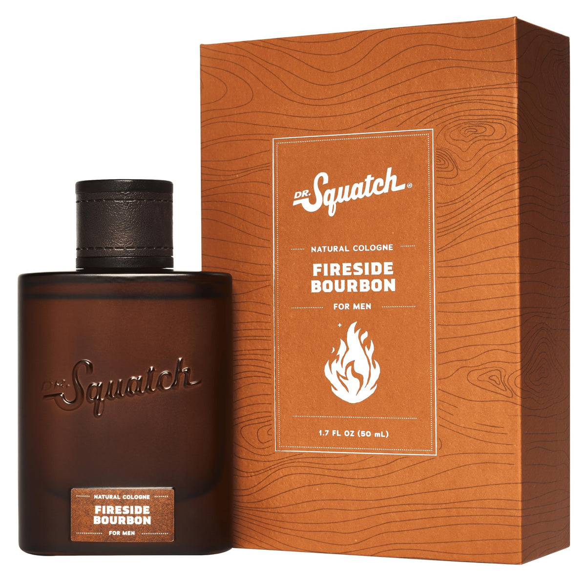 Dr. Squatch Fireside Bourbon front bottle showing compact travel size and woodsy appeal