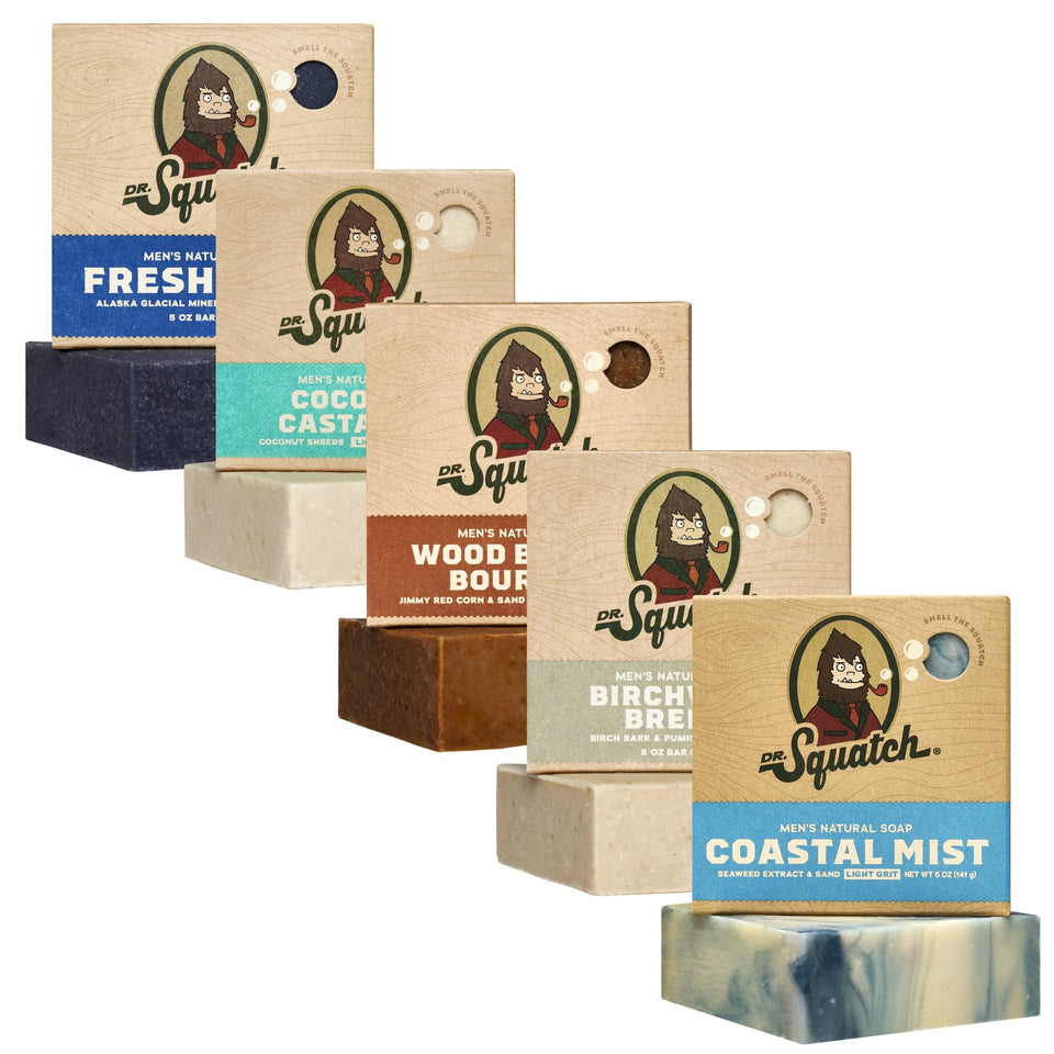 Dr. Squatch five-pack front packaging showing all five bars and scent names