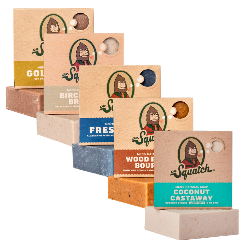 Dr. Squatch five-pack front packaging showing all scents and gifting appeal
