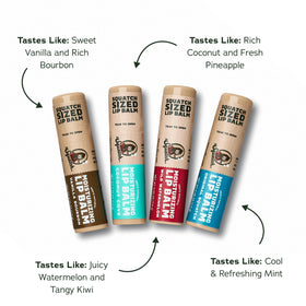 Dr. Squatch four scents display with Original Squatch, Vanilla Bourbon, Coconut Cove, Wild Watermelon