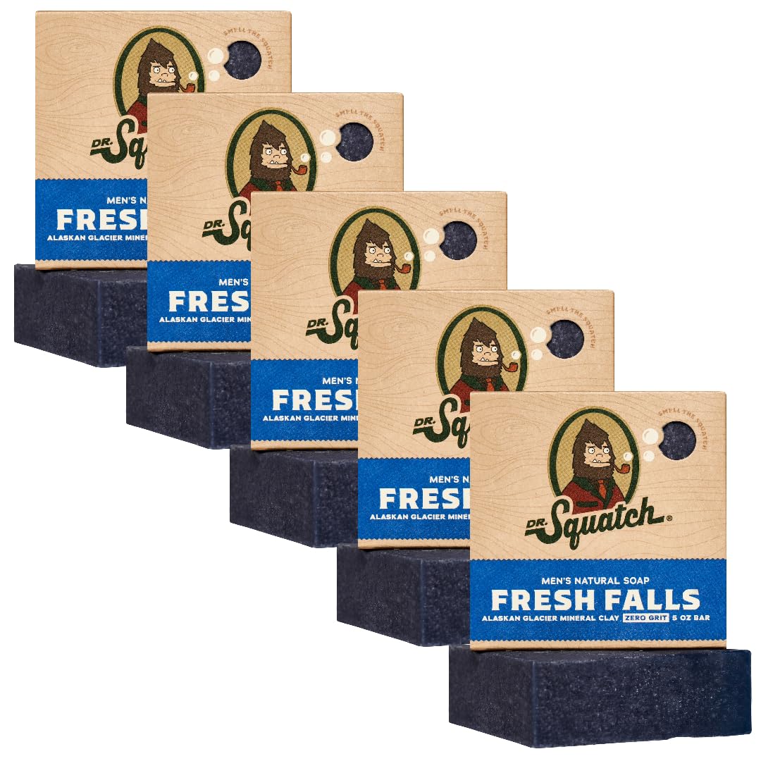 Dr. Squatch front packaging showing Fresh Falls five-pack and eco benefits