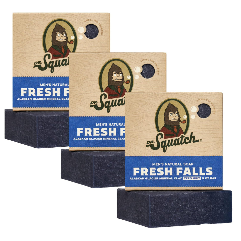 Dr. Squatch Fresh Falls front packaging showing three bars and benefits