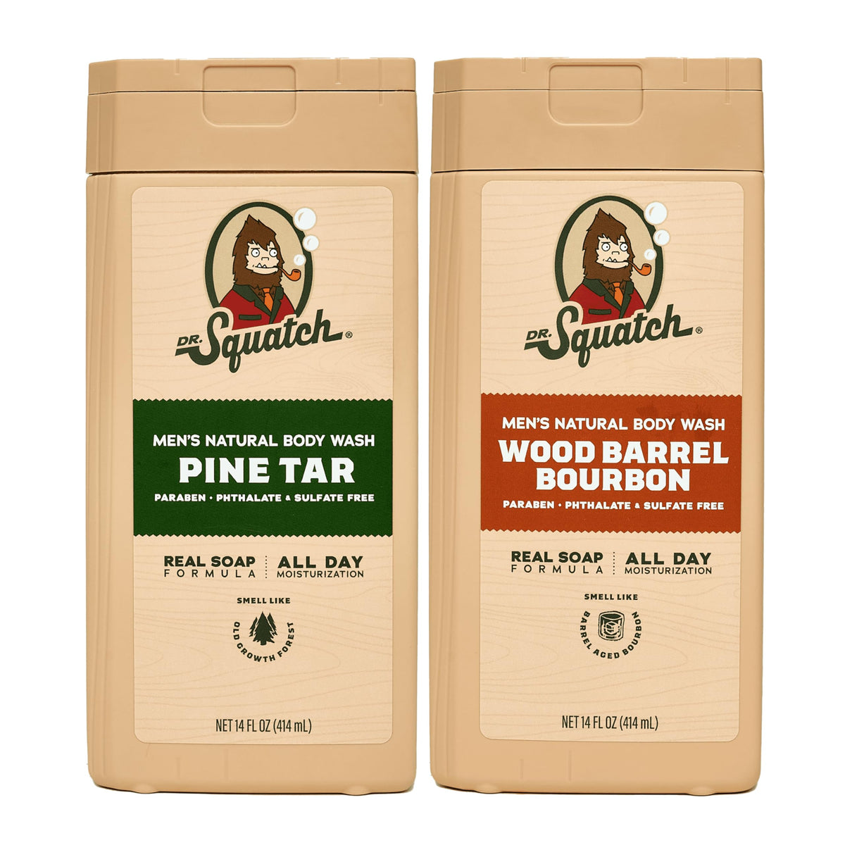 Dr. Squatch front bottles showing Pine Tar + Wood Barrel Bourbon scent and value