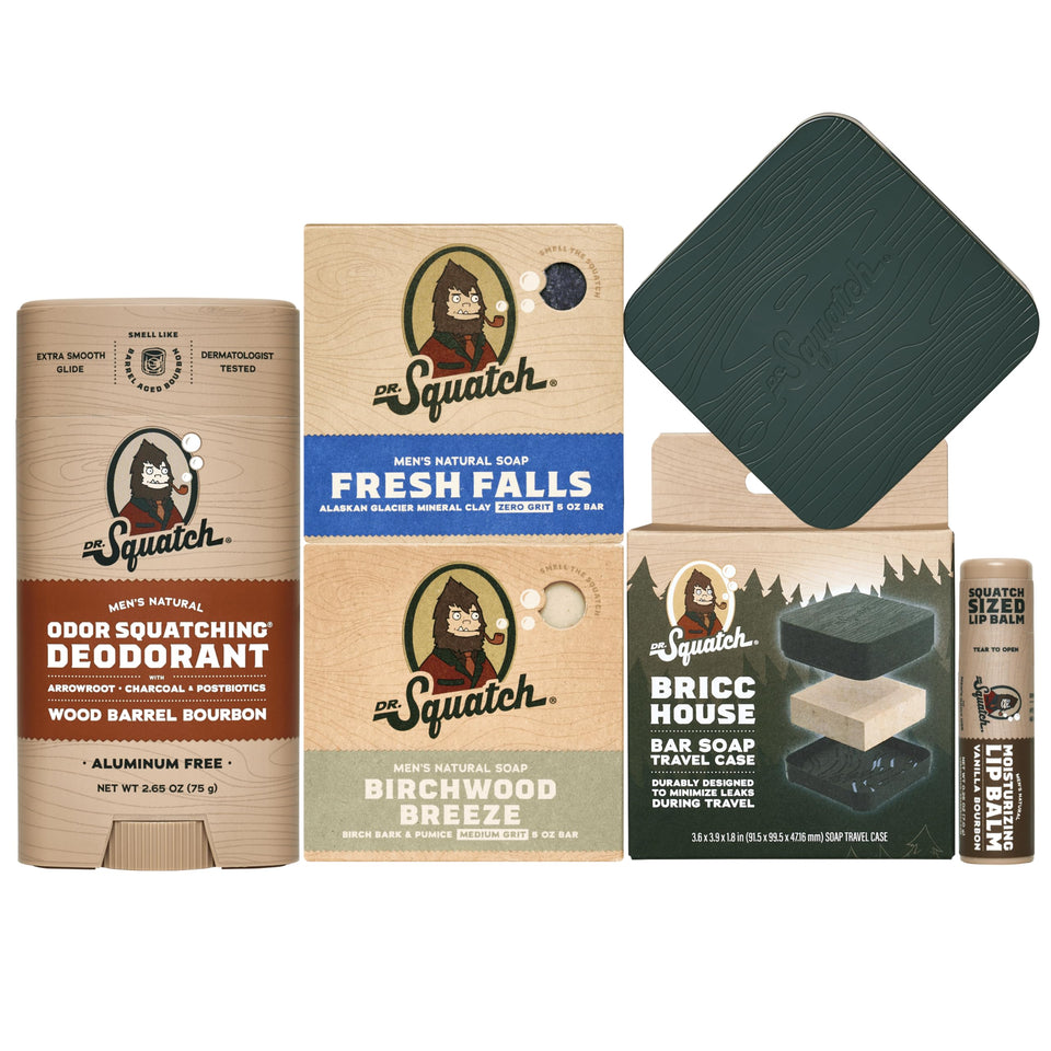 Dr. Squatch front packaging shot showing full travel kit and compact layout