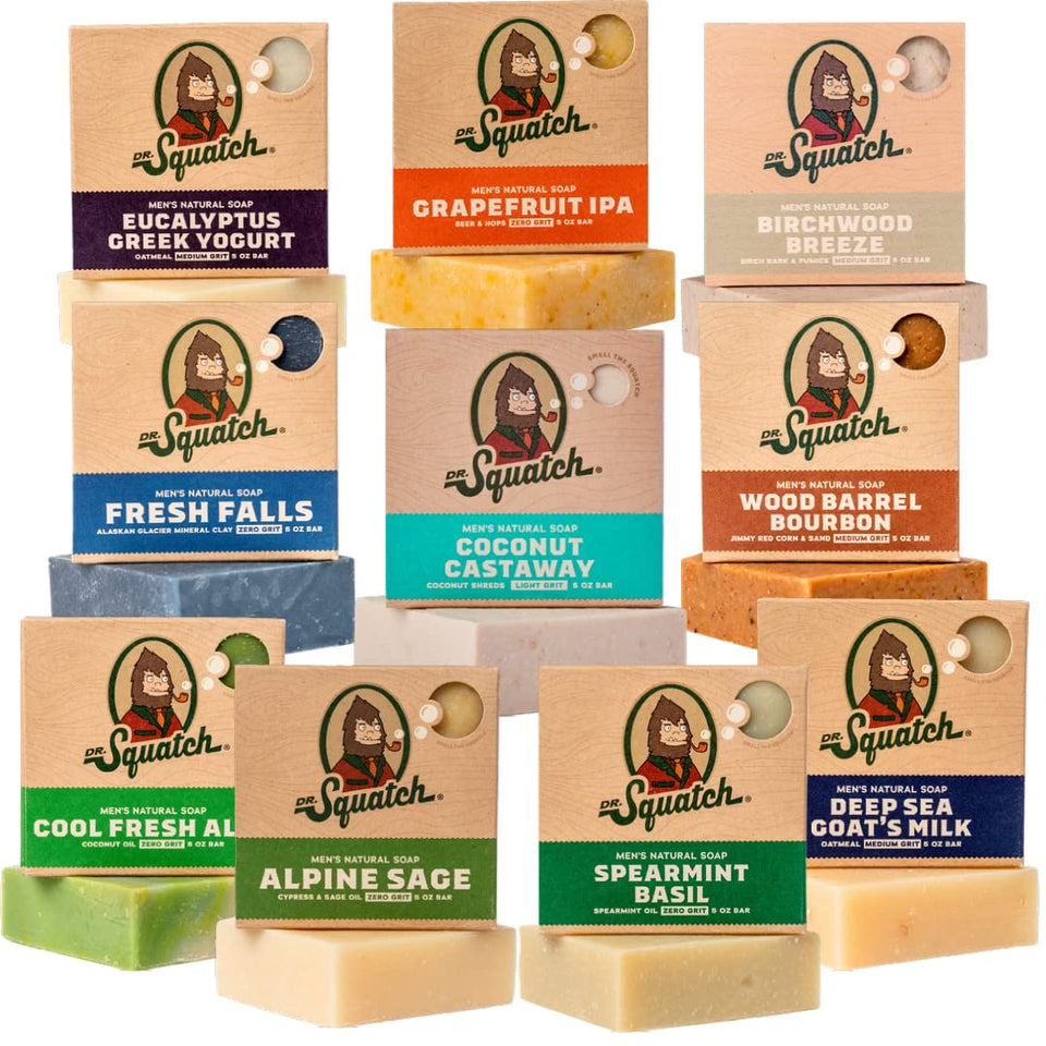 Dr. Squatch front packaging showing the 10-pack and scent labels for gifting benefit