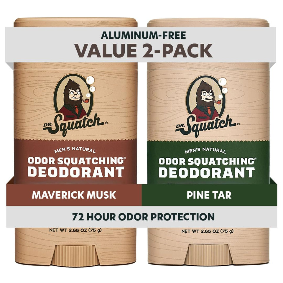 Dr. Squatch front packaging showing two sticks and natural odor protection