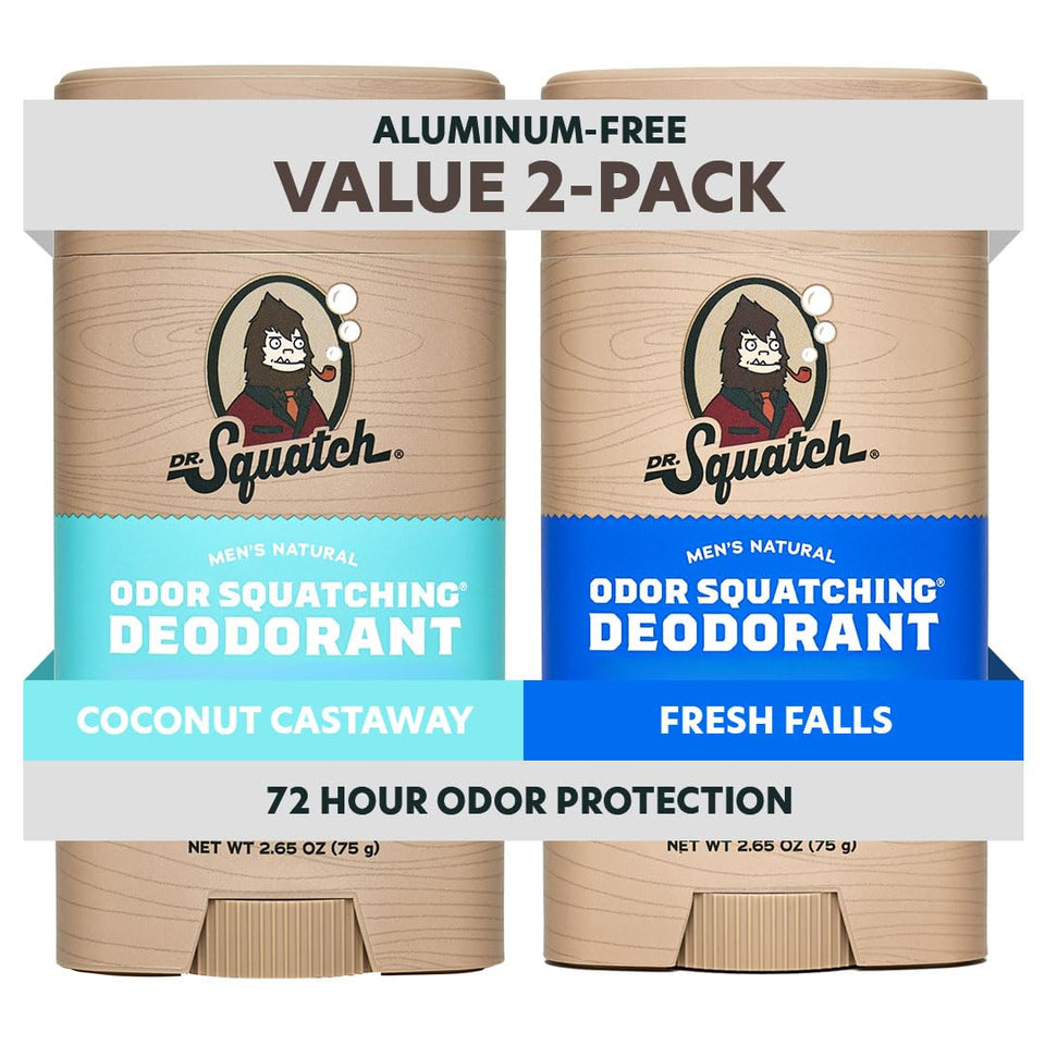 Dr. Squatch front packaging showing two deodorant sticks and scent labels for easy choice