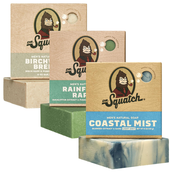 Dr. Squatch 3-pack front packaging showing all three scented bars and gift-ready look