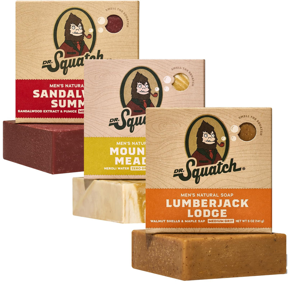 Dr. Squatch front packaging three-bar gift set showing variety and convenience