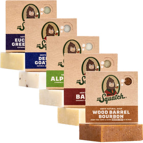 Dr. Squatch front pack showing all five scented bars and gift-ready design