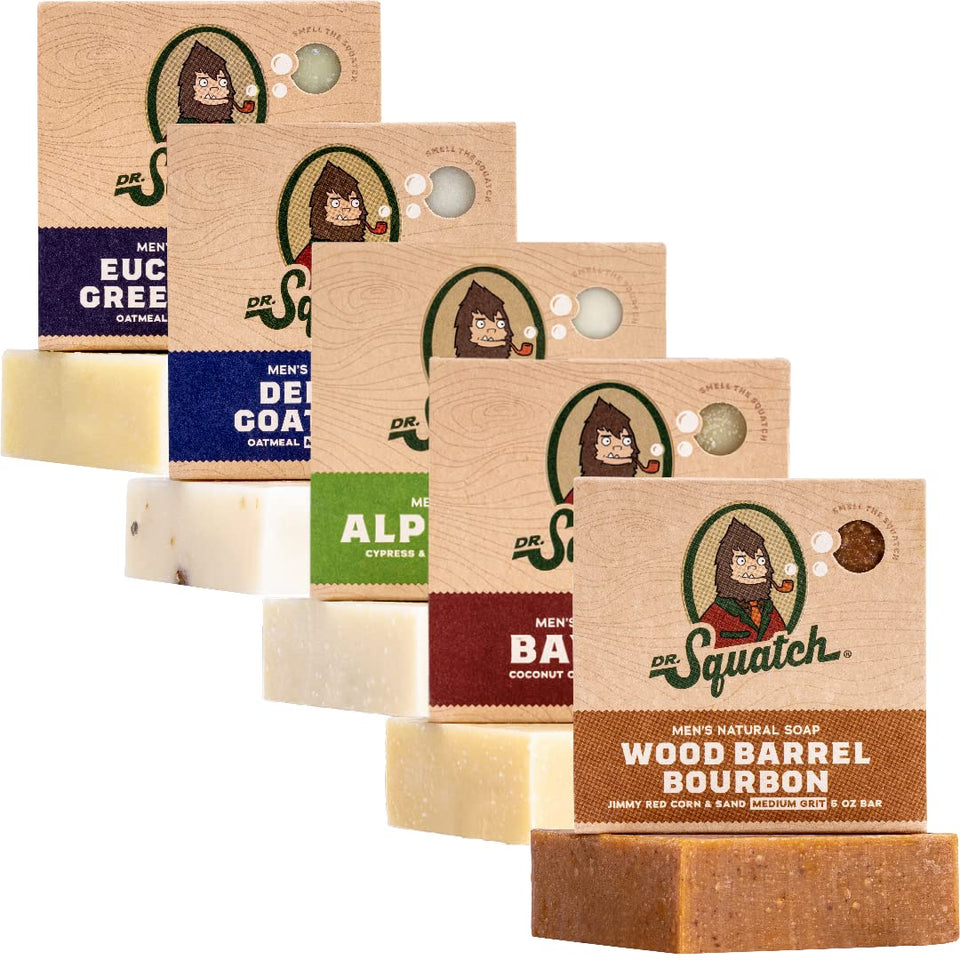 Dr. Squatch front pack showing all five scented bars and gift-ready design