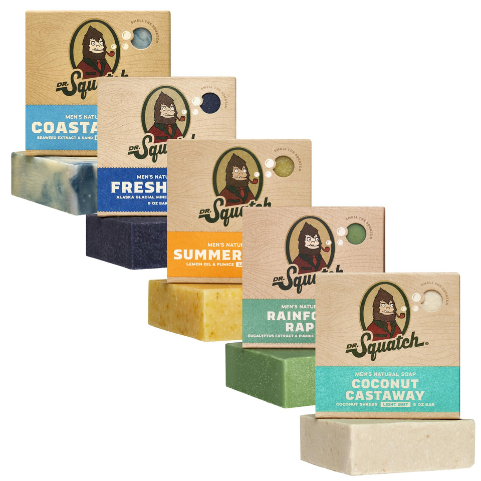 Dr. Squatch front packaging five-pack showing scents and bold branding benefit easy gifting