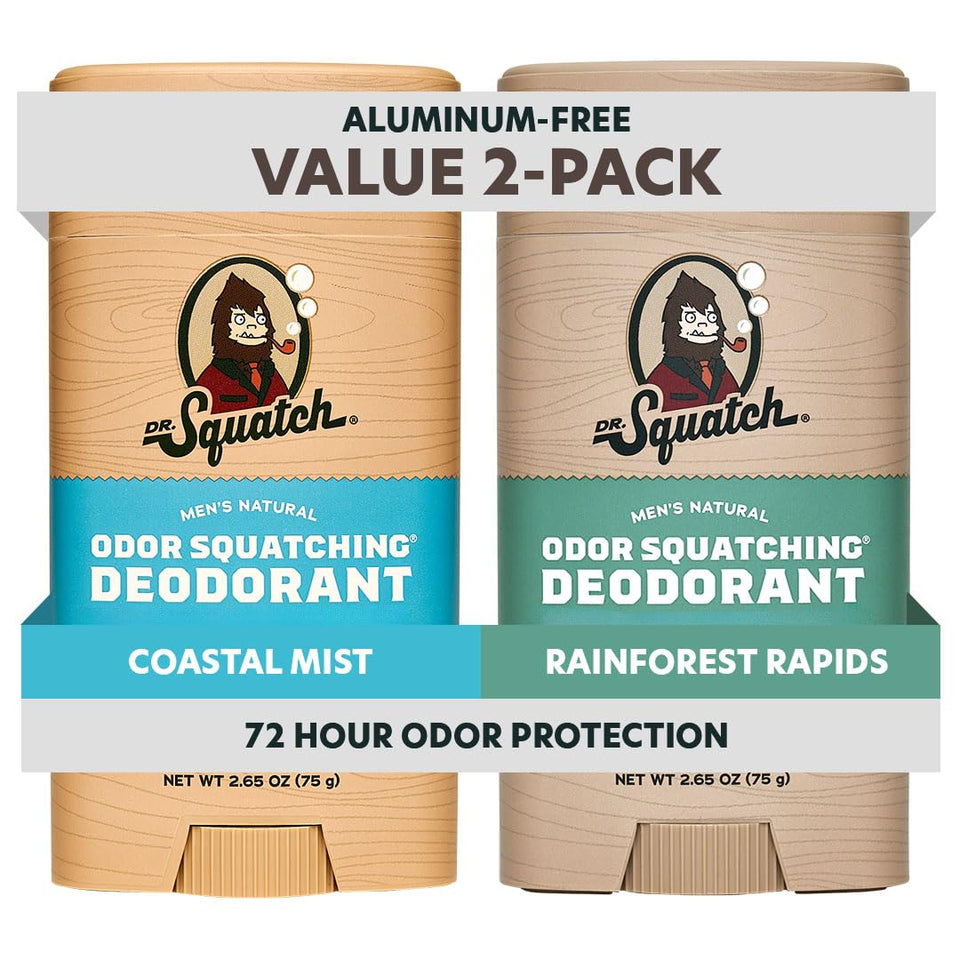 Dr. Squatch front packaging showing two sticks and scent names for easy selection
