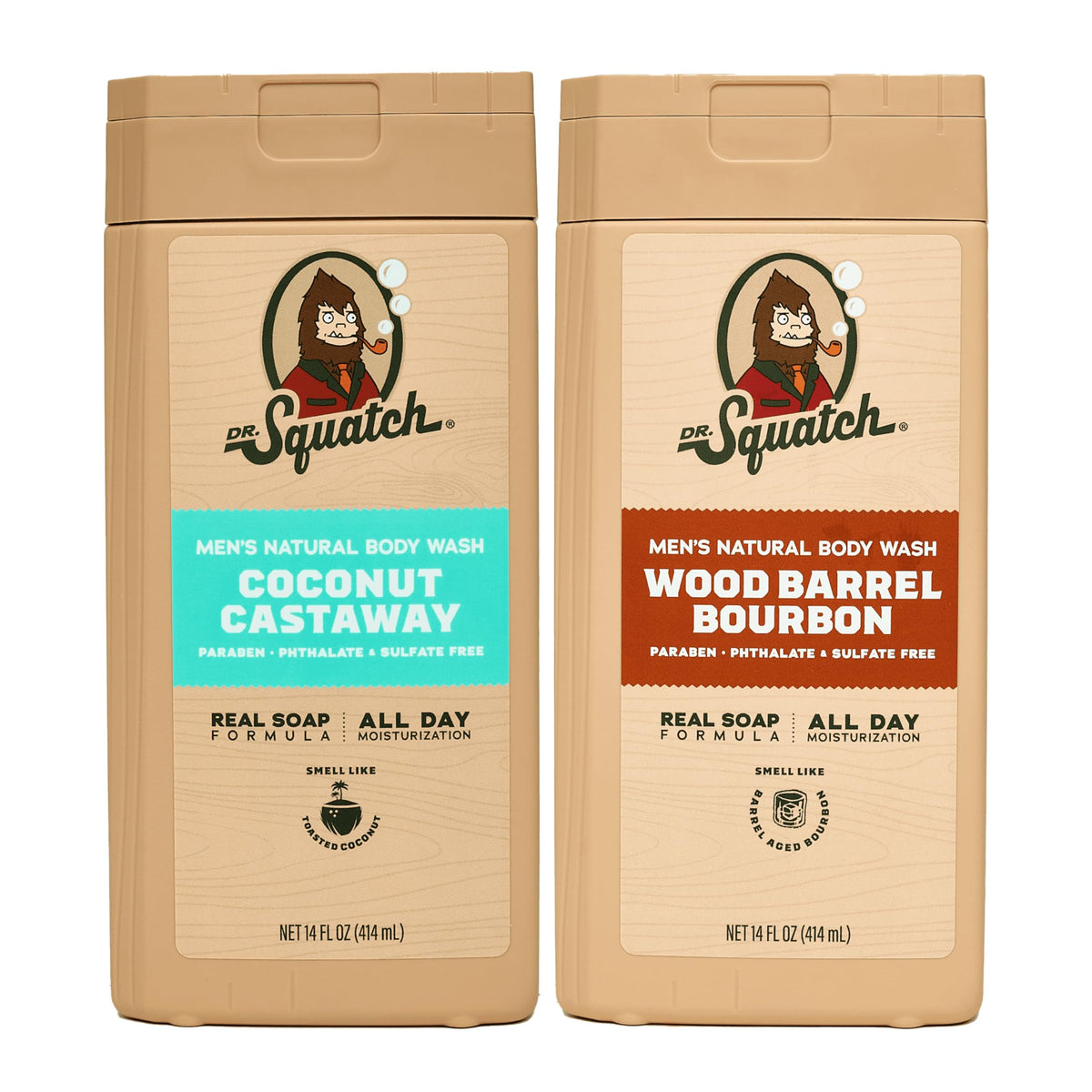 Dr. Squatch front packaging showing both scent bottles and clear branding benefit