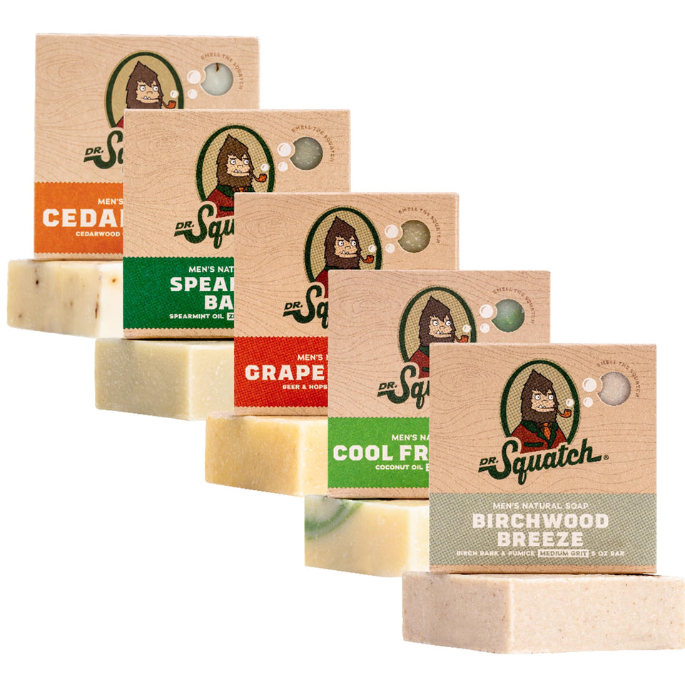 Dr. Squatch five-pack front packaging showing all scent labels and variety benefit