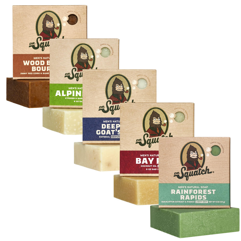 Dr. Squatch five-pack front packaging showing all scents and variety benefit