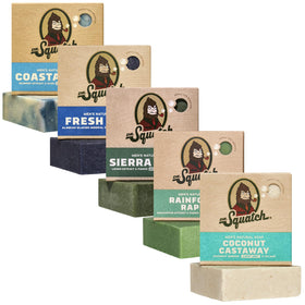 Dr. Squatch five-pack front packaging showing all scent options and benefits