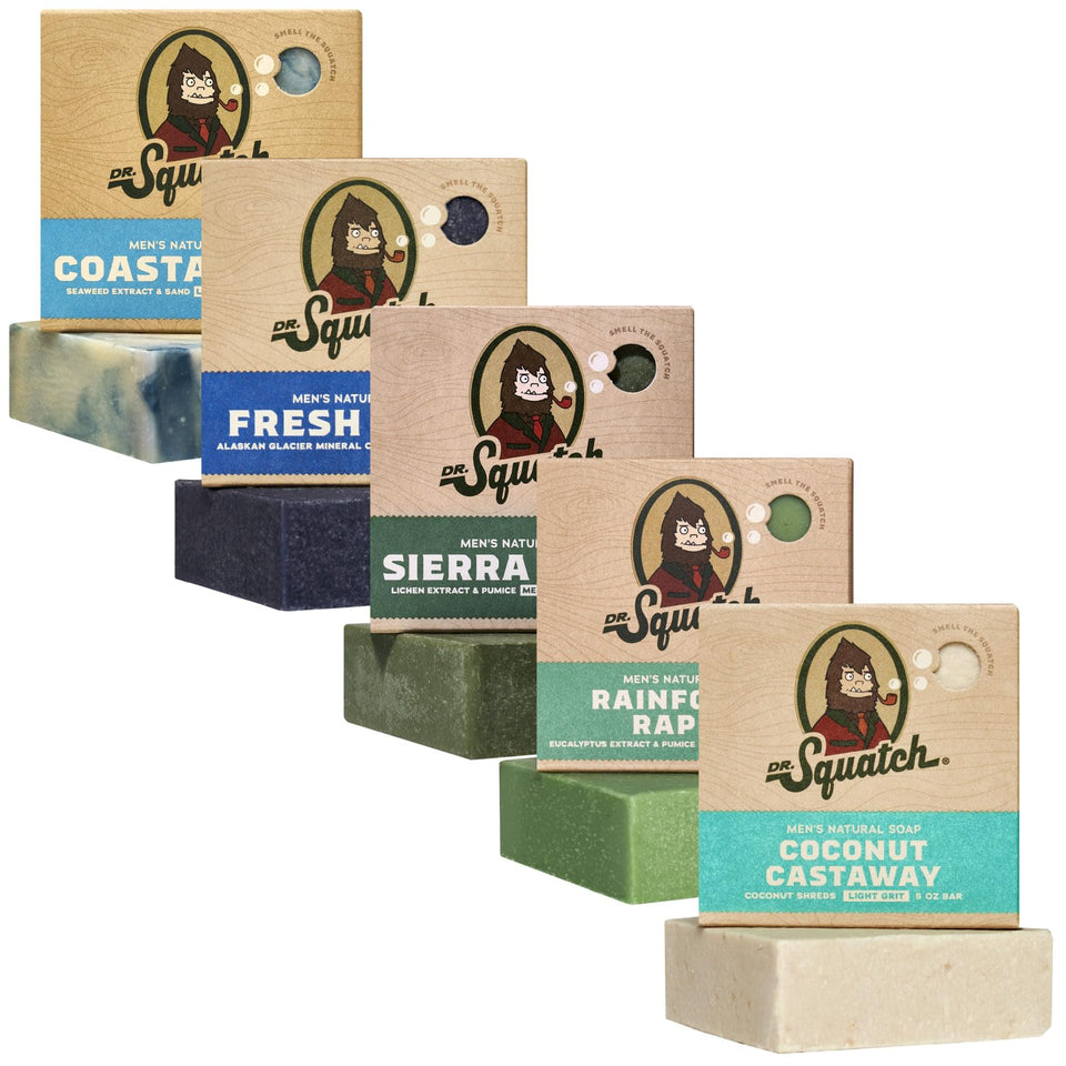 Dr. Squatch five-pack front packaging showing all scent options and benefits