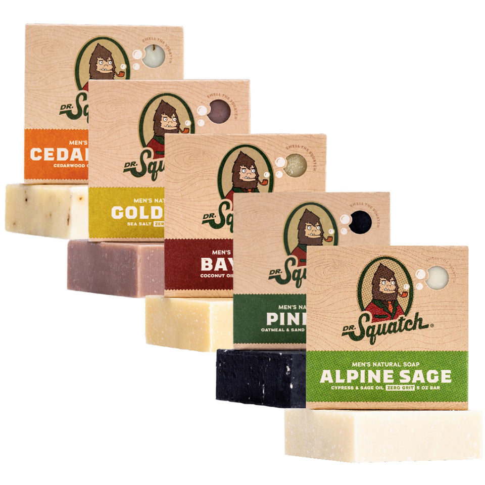 Dr. Squatch front packaging showing five scent variety and gift-ready presentation