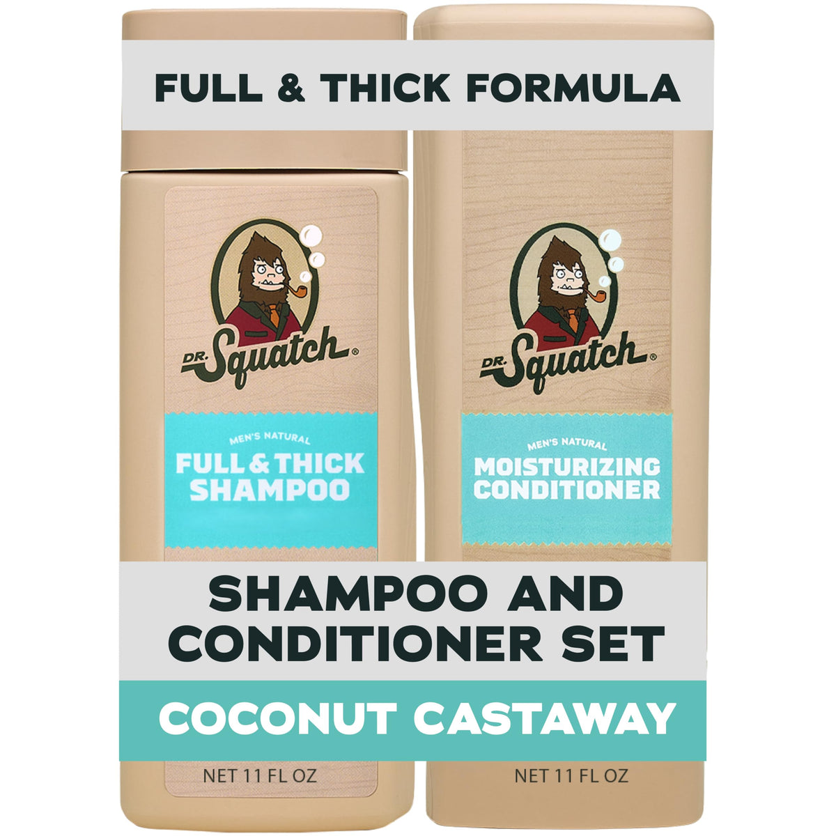 Dr. Squatch front packaging showing full thick shampoo and conditioner for fuller hair