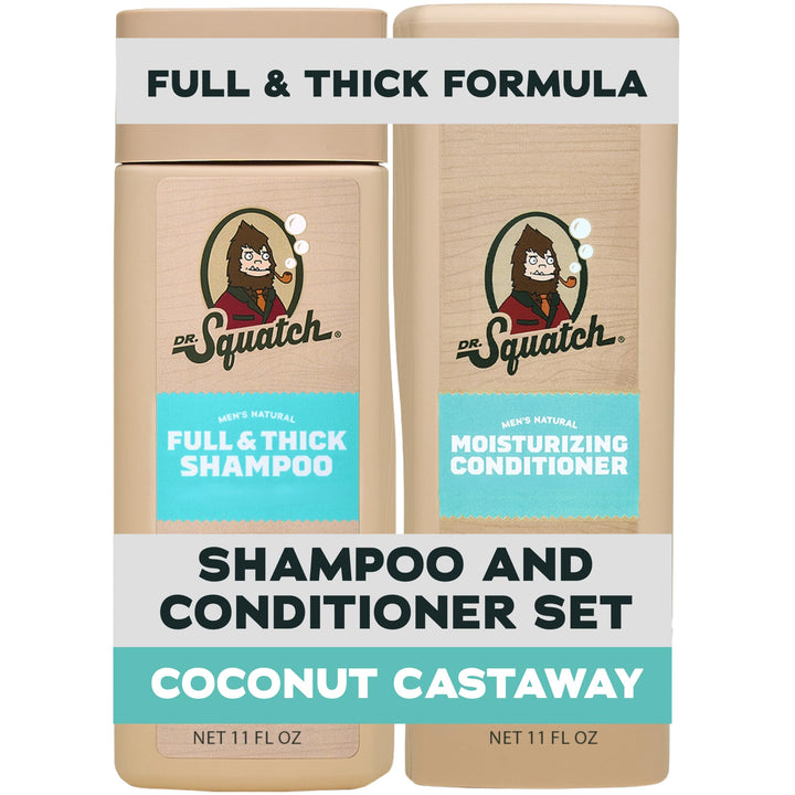 Dr. Squatch front packaging showing full thick shampoo and conditioner for fuller hair