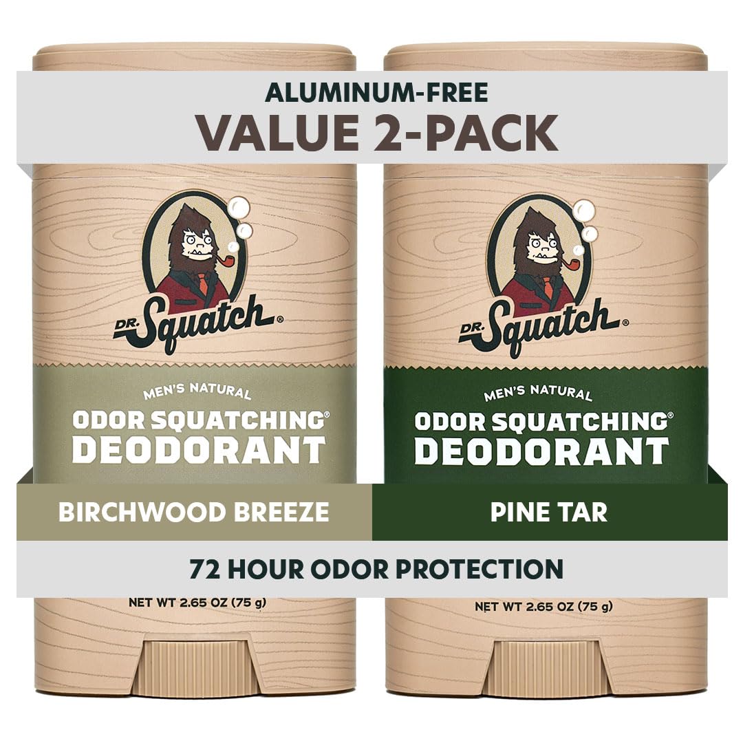 Dr. Squatch front packaging showing Pine Tar and Birchwood Breeze scents and natural benefits