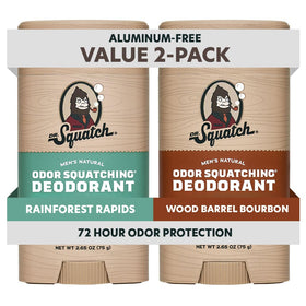 Dr. Squatch front packaging showing both Rainforest Rapids and Wood Barrel Bourbon, conveys scent variety