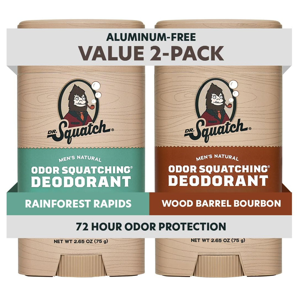 Dr. Squatch front packaging showing both Rainforest Rapids and Wood Barrel Bourbon, conveys scent variety
