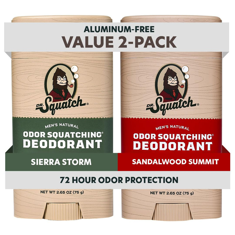 Dr. Squatch front packaging showing both Sierra Storm and Sandalwood Summit benefits