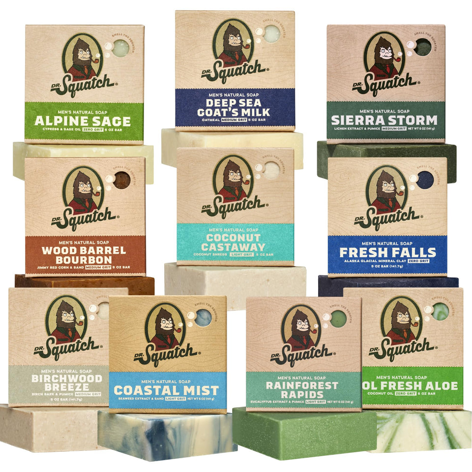 Dr. Squatch front packaging showing ten soap bars and variety benefit: easy gift set