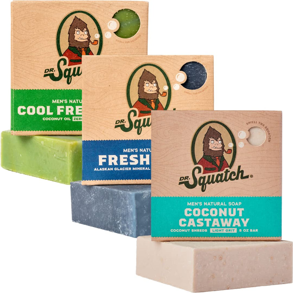 Dr. Squatch front packaging showing three natural scented bars and gift appeal