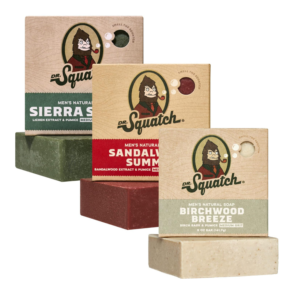 Dr. Squatch three-bar front packaging showing scent variety and natural grooming benefits