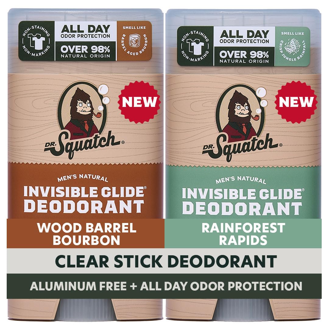 Dr. Squatch front packaging showing two scent sticks and benefit of no-stains