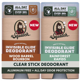 Dr. Squatch front packaging showing two scent sticks and benefit of no-stains