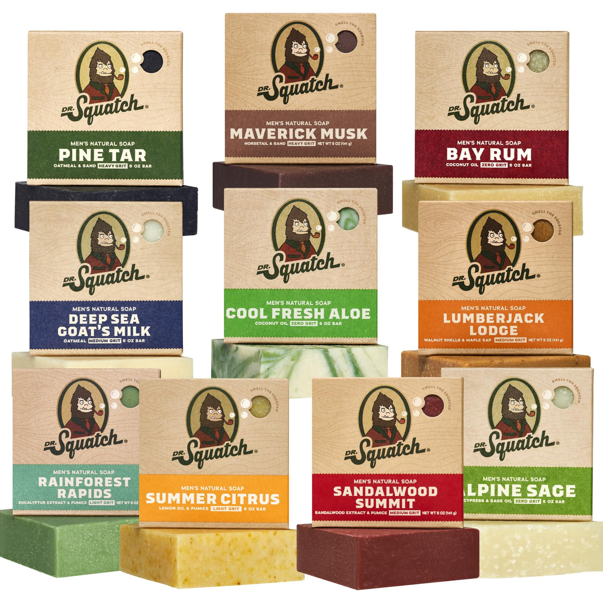 Dr. Squatch front packaging showing ten natural soap bars and label benefit