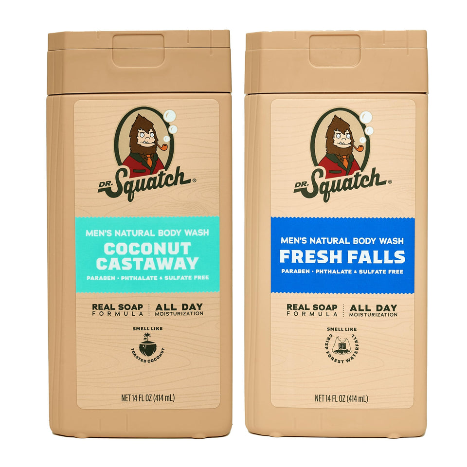 Dr. Squatch front packaging showing two 14 oz bottles and branding benefit